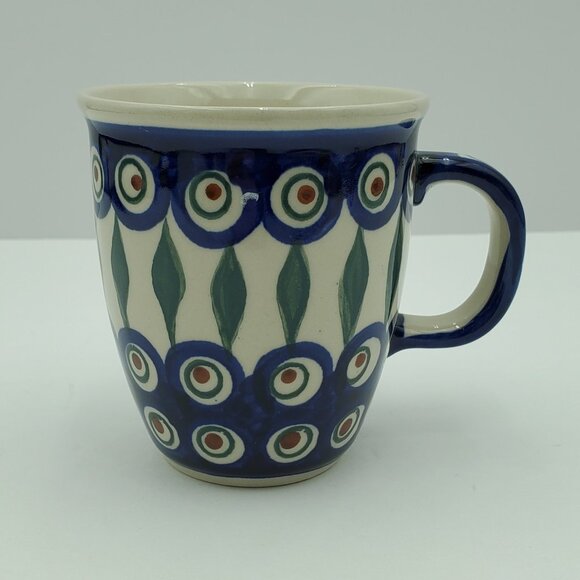 Polish Pottery Peacock Leaves Mug Peacock Blue Circles Green Stripes Mugs - Picture 3 of 7
